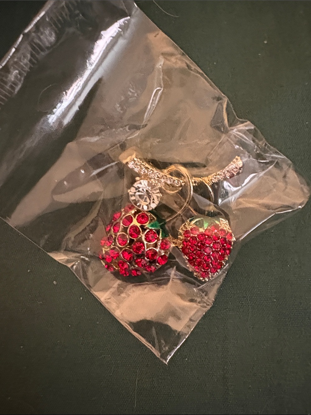 Gold-Tone Red Crystal Cherry Brooch with Green Accents